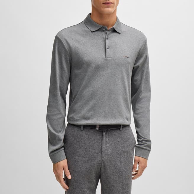 BOSS Grey Long Sleeve Cotton Polo Shirt