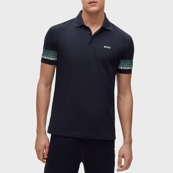 BOSS Navy Paddy Contrast Sleeve Cotton Polo Shirt