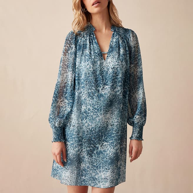 Ro & Zo Blue Printed Shirred Shoulder Mini Dress