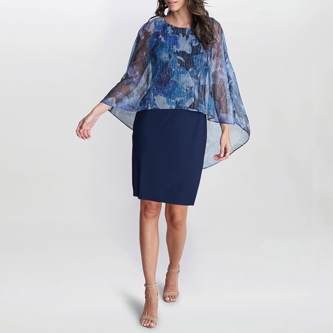 Gina Bacconi Navy Brenya Floral Shimmer Popover Dress