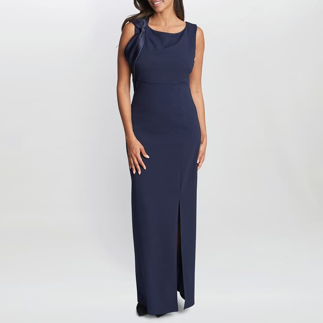 Gina Bacconi Navy Merle Bow Shoulder Maxi Dress