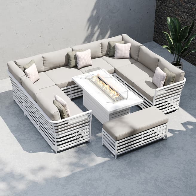 Moda Salone U Shaped Sofa with Gas Fire Pit and Bench, White