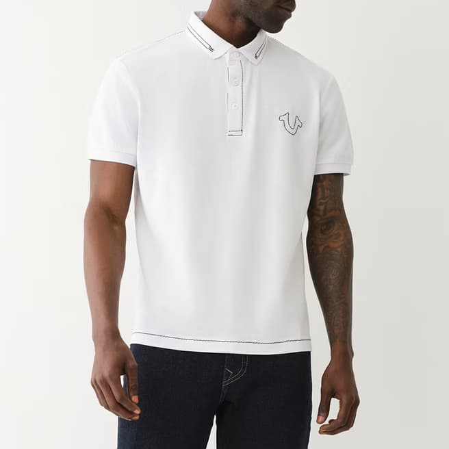 True Religion White Big T Embroidered Cotton Polo Shirt