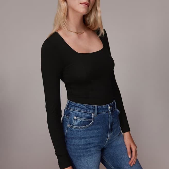 WHISTLES Black Square Neck Long Sleeve Top