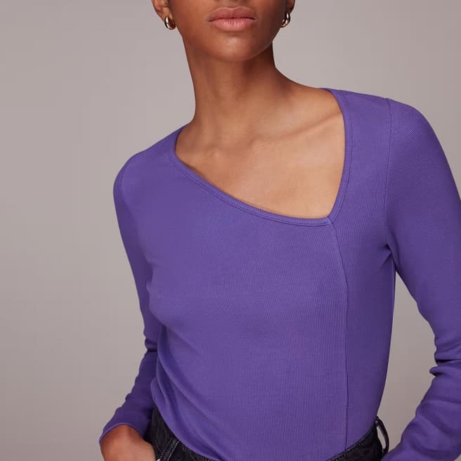 WHISTLES Purple Ribbed Asymmetric Cotton Blend Top