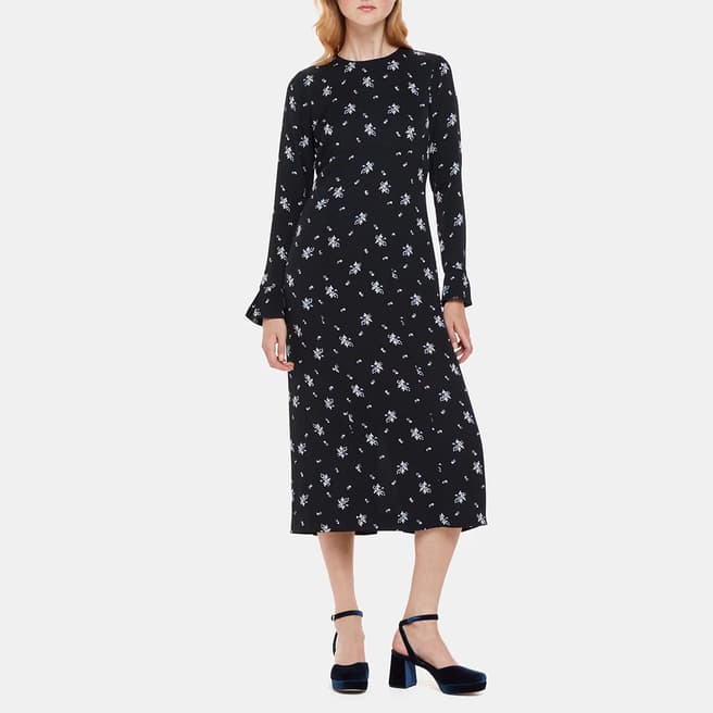 WHISTLES Black Floral Satin Midi Dress