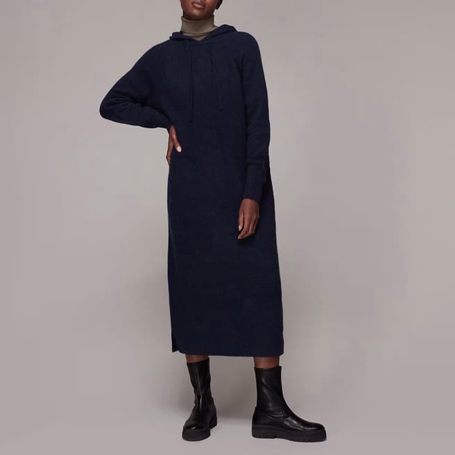 WHISTLES Navy Knitted Hooded Wool Blend Midi Dress