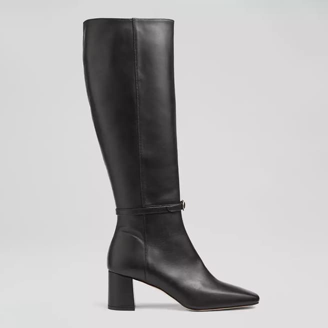 L K Bennett Black Sylvia Leather Buckle Detail Heeled Long Boots