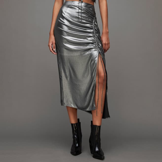 AllSaints Grey Carla Metallic Midi Skirt