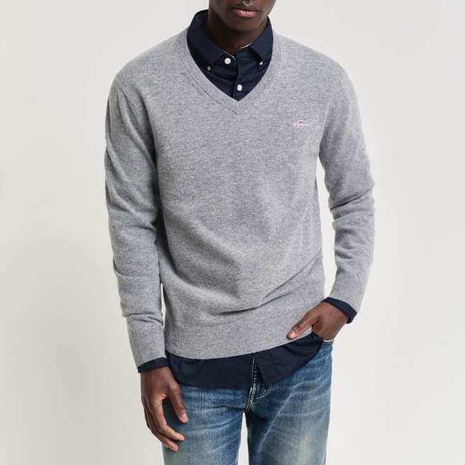 Gant Grey Extra Fine Lambswool V-Neck Jumper