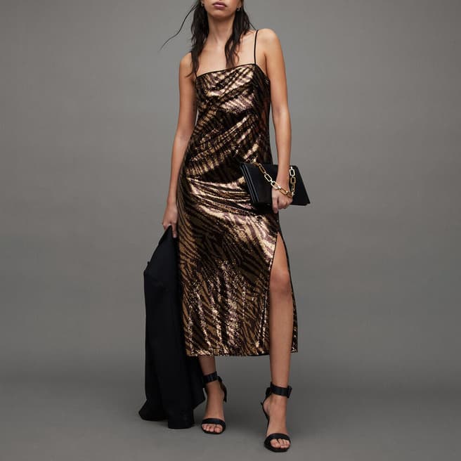 AllSaints Gold/Black Bonnie Tiger Dress