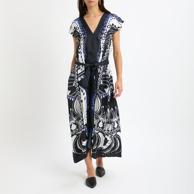 Reiss Navy Print Faye Midi Dress