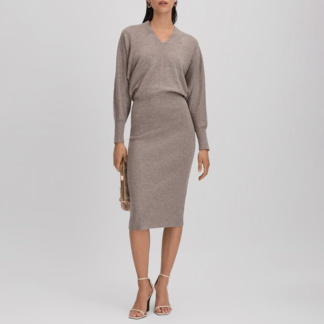 Reiss Stone Sally V Neck Wool Blend Midi Dress