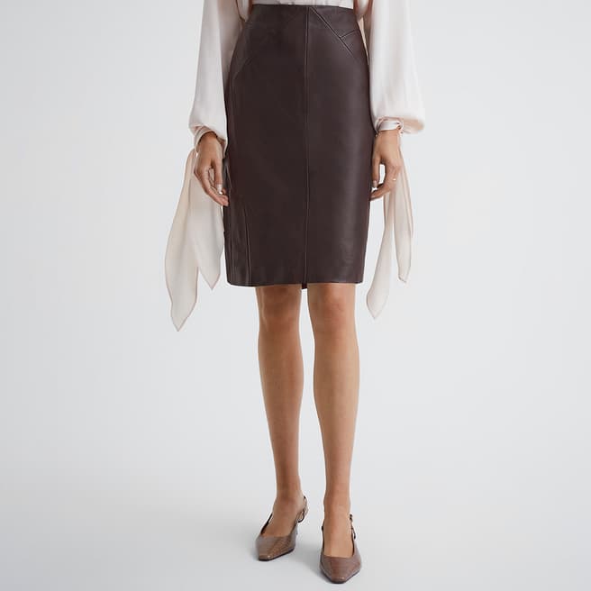 Reiss Burgundy Raya Leather Pencil Skirt