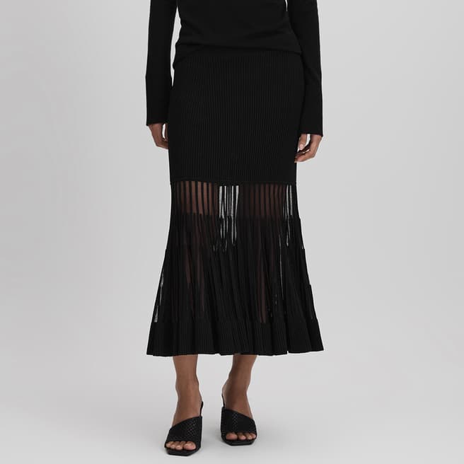 Reiss Black Tilly Knitted Sheer Midi Skirt