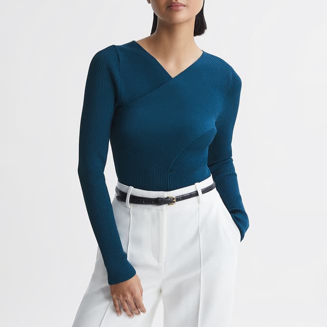 Reiss Teal Heidi Cross Front Knit Top