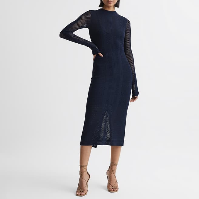 Reiss Navy Lilibet Knitted Mesh Midi Dress