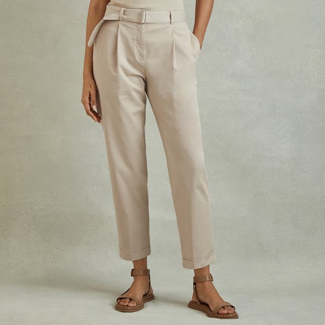 Reiss Beige Hutton Belted Cotton Blend Trousers