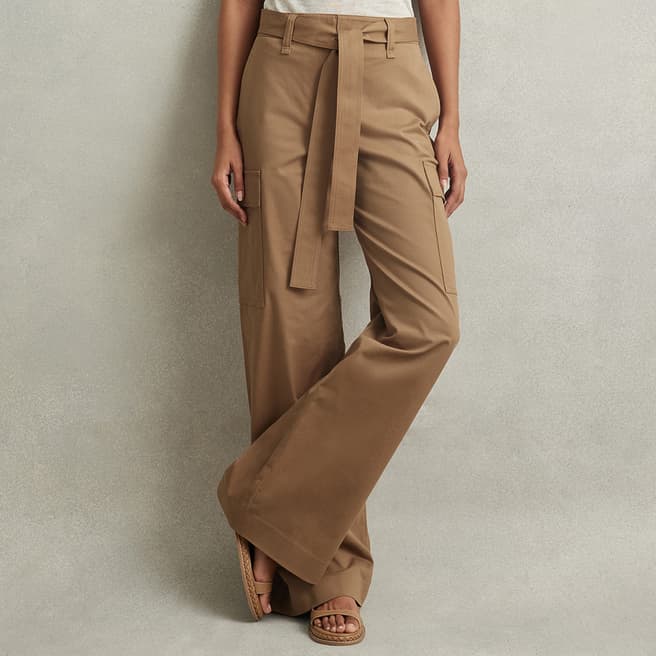 Reiss Camel Malia Wide Leg Cotton Blend Trousers