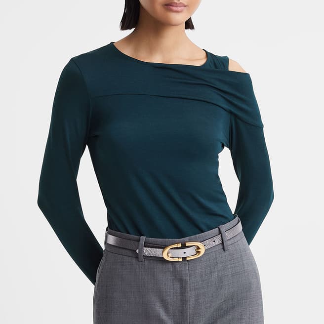 Reiss Teal Adeline Drape Shoulder Top