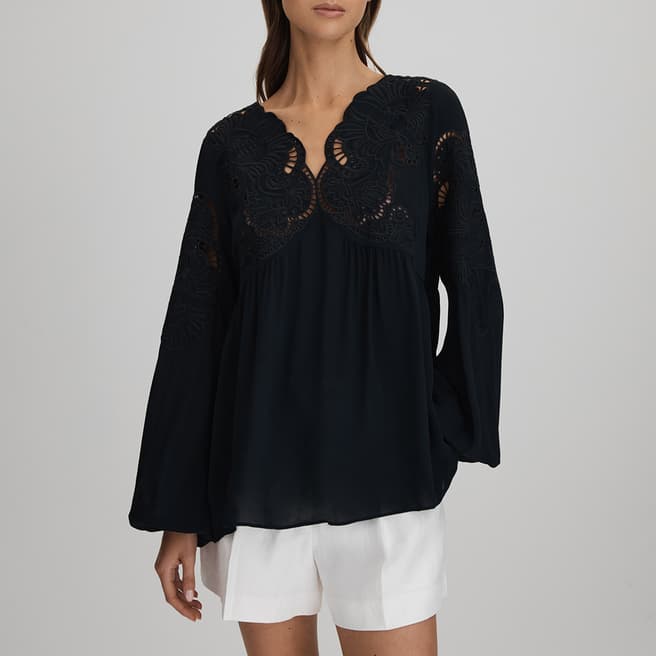 Reiss Navy Noa Lace Insert Blouse