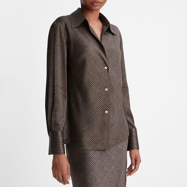 Vince Brown Brushed Houndstooth Bias Silk Blouse