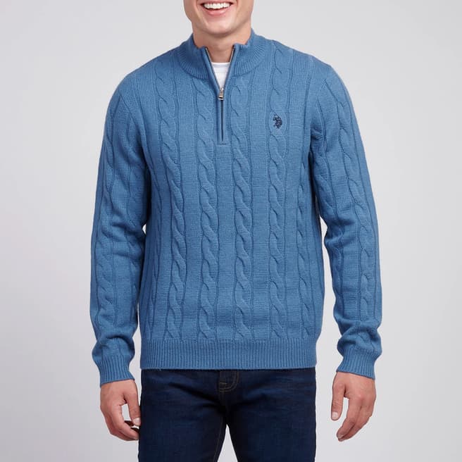 U.S. Polo Assn. Blue Half Zip Cable Knit Jumper