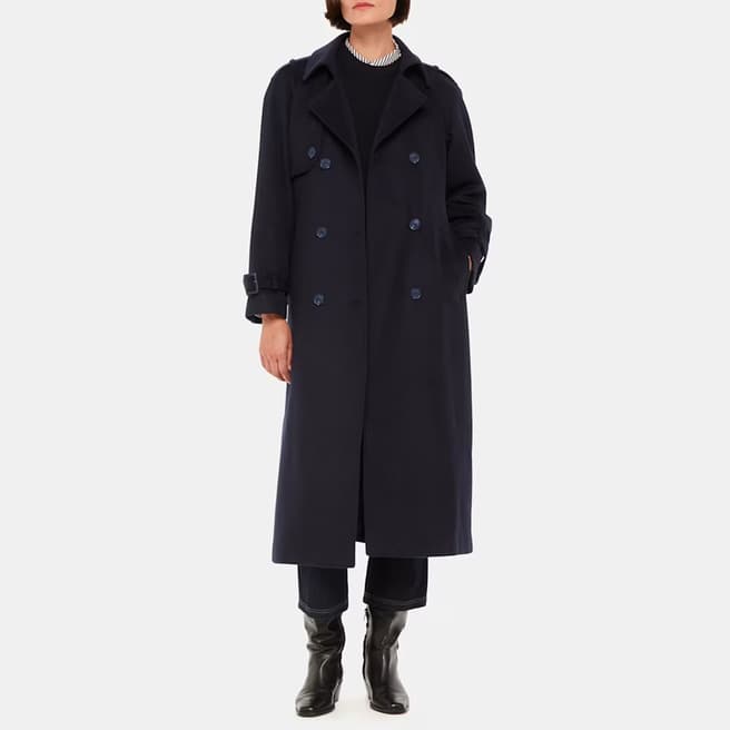 WHISTLES Navy Sabine Wool Blend Trench Coat