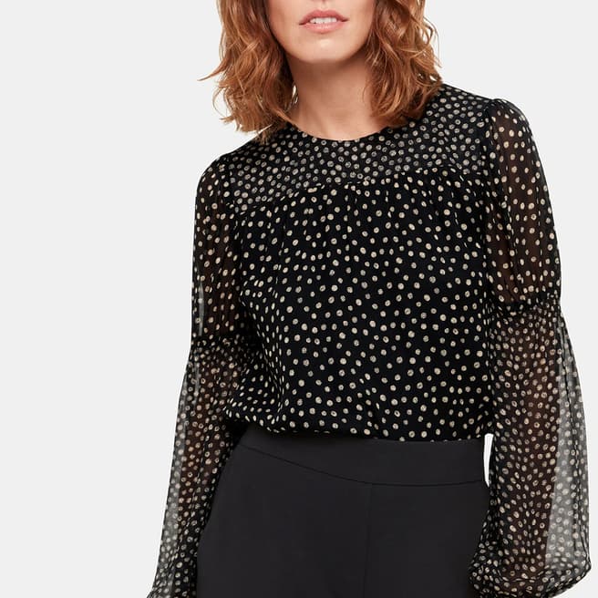 WHISTLES Black Speckled Polka Dot Shirred Top 