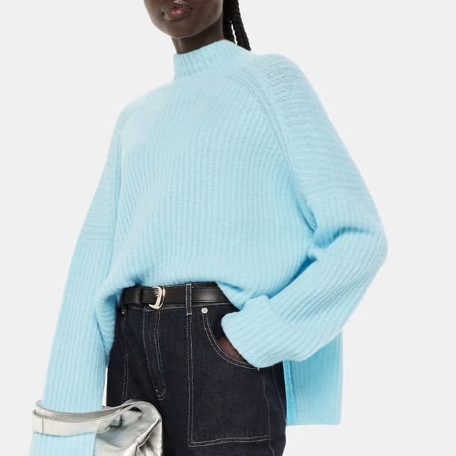 WHISTLES Blue Ribbed Funnel Neck Wool Blend Jumper