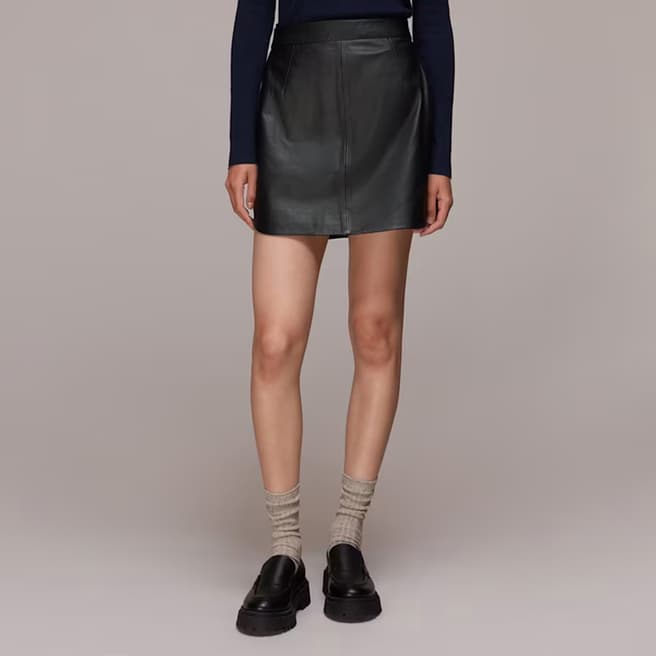 WHISTLES Black Curved Hem Leather Mini Skirt