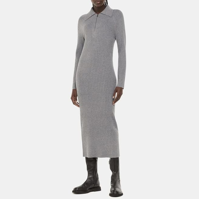 WHISTLES Grey Bonnie Cotton Blend Ribbed Midi Dress