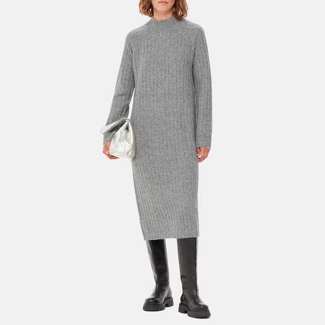 WHISTLES Grey Ribbed Wool Blend Midi Dress 