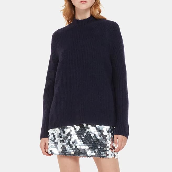 WHISTLES Navy Ribbed Funnel Wool Blend Jumper