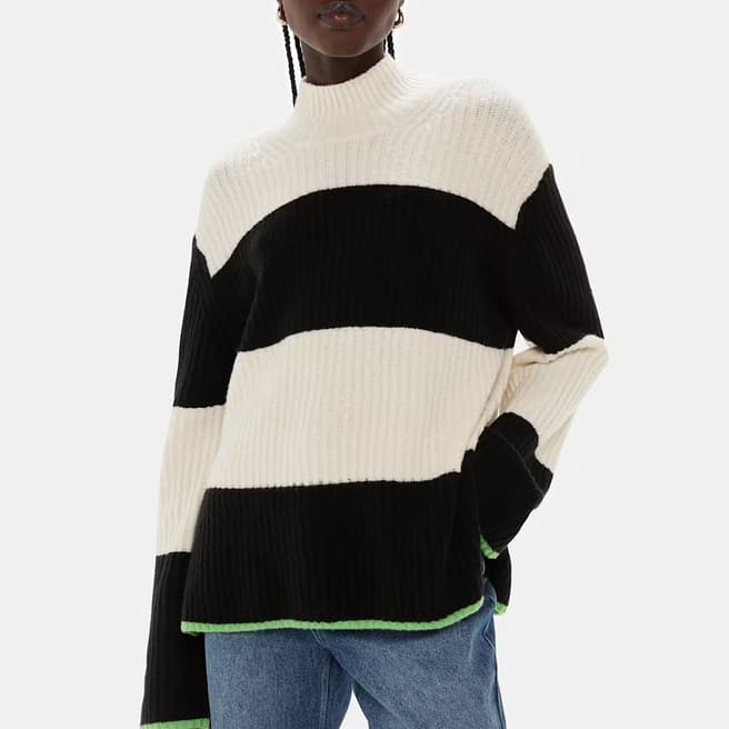 WHISTLES Black Stripe Funnel Neck Wool Blend Jumper