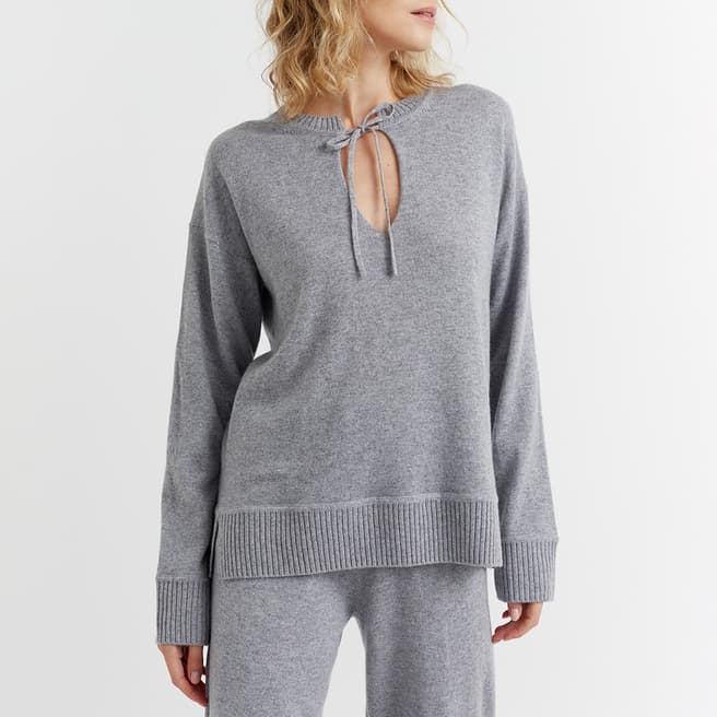 Chinti and Parker Light Grey Cashmere Tie Neck Jumper