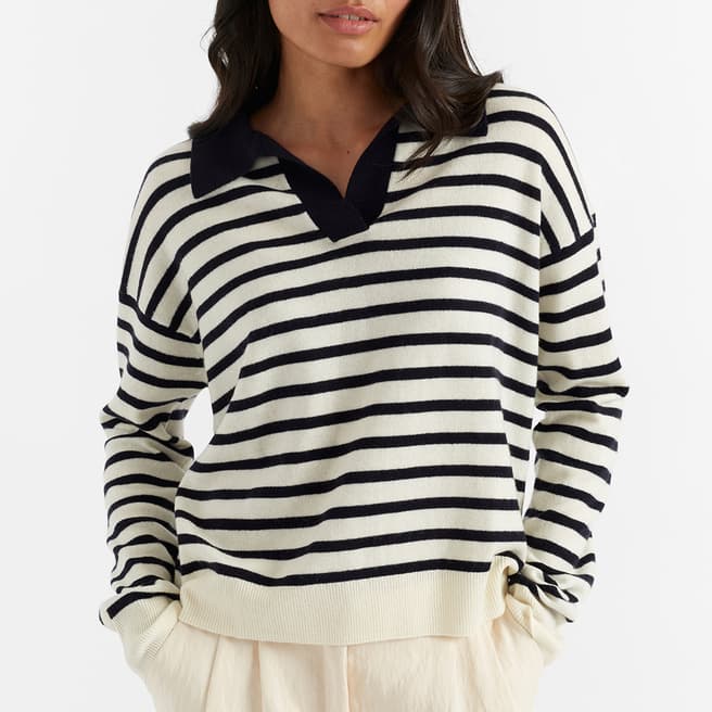 Chinti and Parker Black Stripe Cashmere Wool Blend Collar Jumper 