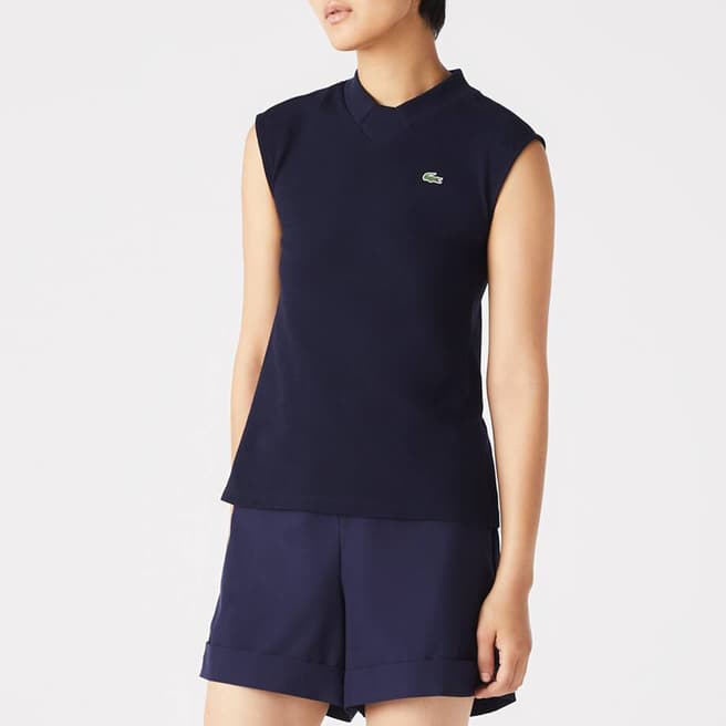 Lacoste Navy V-Neck Cotton Blend Top