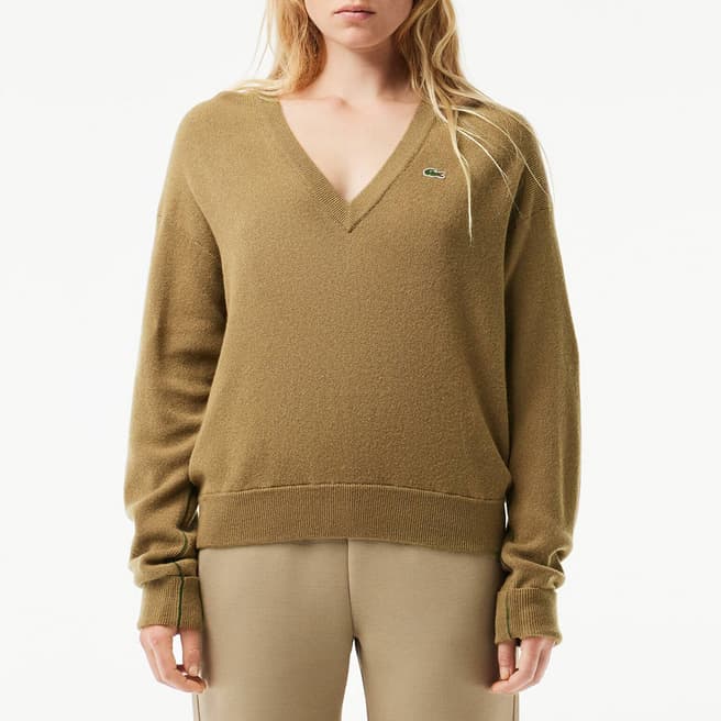 Lacoste Beige V-Neck Wool Jumper