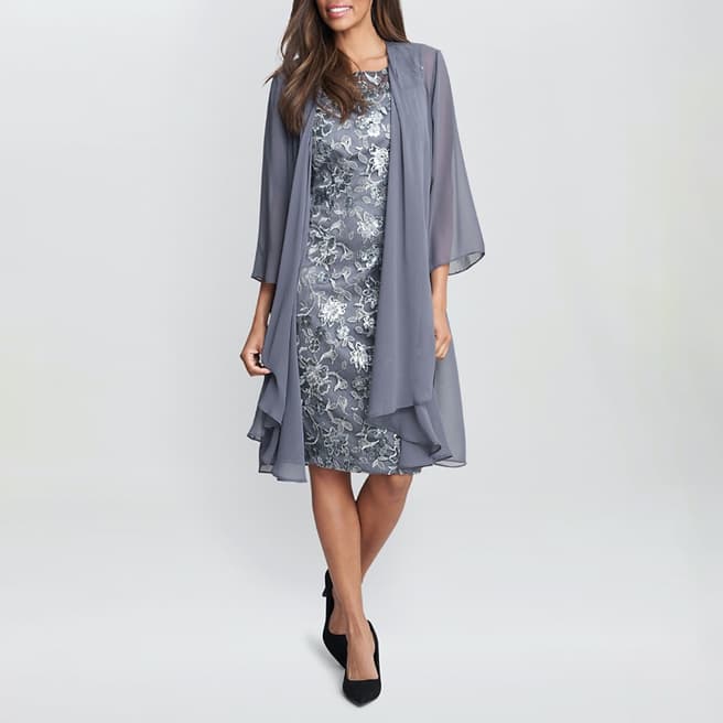 Gina Bacconi Grey Gladys Embroidered Shift Dress and Jacket