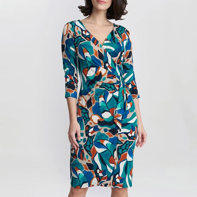 Gina Bacconi Turquoise Beatrix Printed Jersey Ruffle Dress