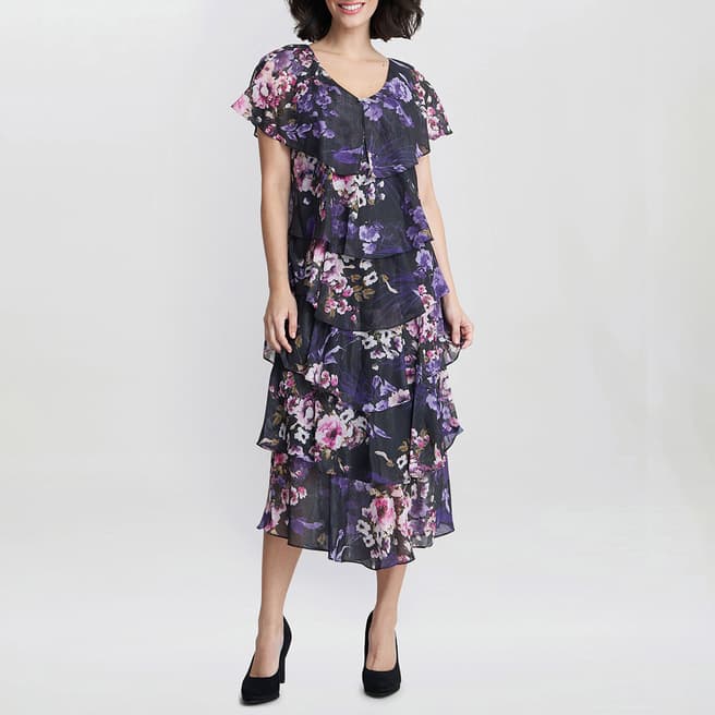 Gina Bacconi Black Leticia Floral Print Midi Tiered Dress