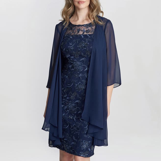 Gina Bacconi Navy Marla Petite Embroidered Dress