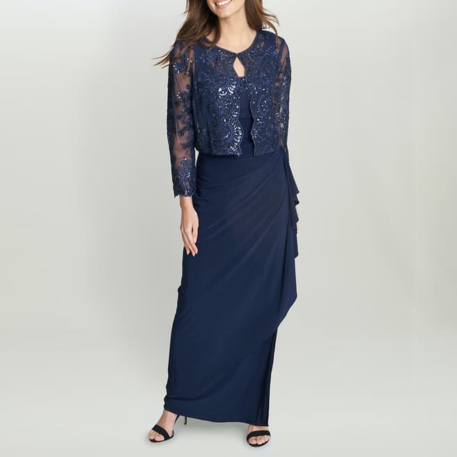 Gina Bacconi Navy Embroidered Lace 2-Piece Dress