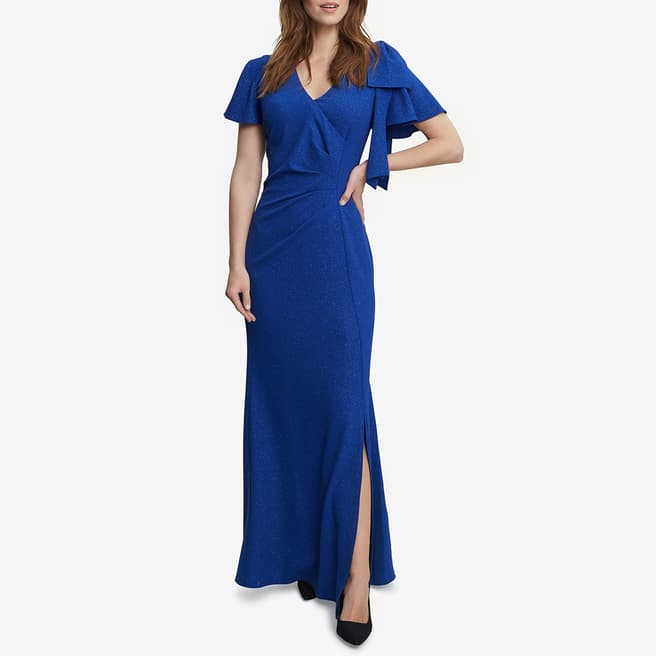 Gina Bacconi Blue Metallic V-Neck Maxi Dress