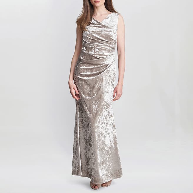 Gina Bacconi Beige Talia Crushed Velvet Maxi Dress