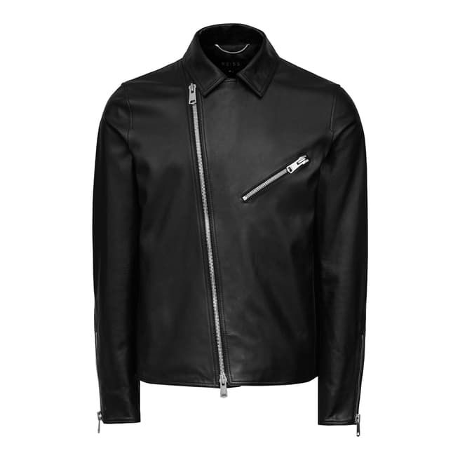 Black Faubourg Zip Leather Biker Jacket - BrandAlley