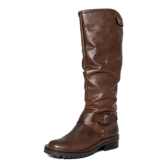 Brown Leather Sigaro Chunky Heel Long Boots - BrandAlley
