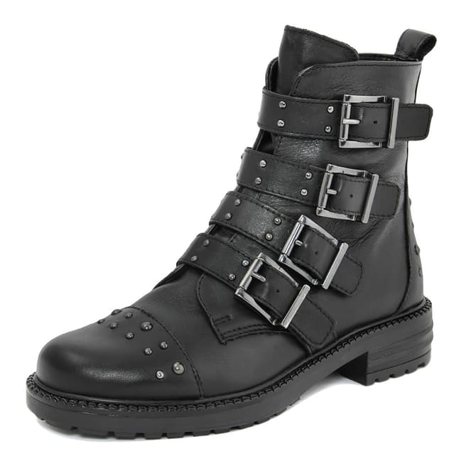 Black Leather Tantra Buckle Biker Ankle Boots - BrandAlley