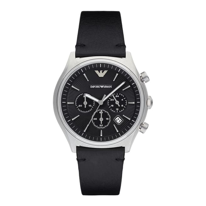 Men's Black / Silver Leather Chronograph Watch 43mm - BrandAlley